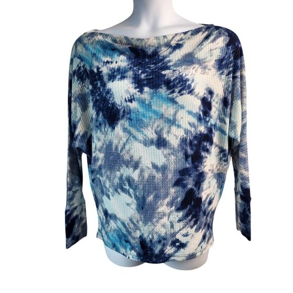 Three Bird Nest Medium Blue White Tie Dye Top Cowl Neck Waffle Knit USA MADE - Picture 6 of 14